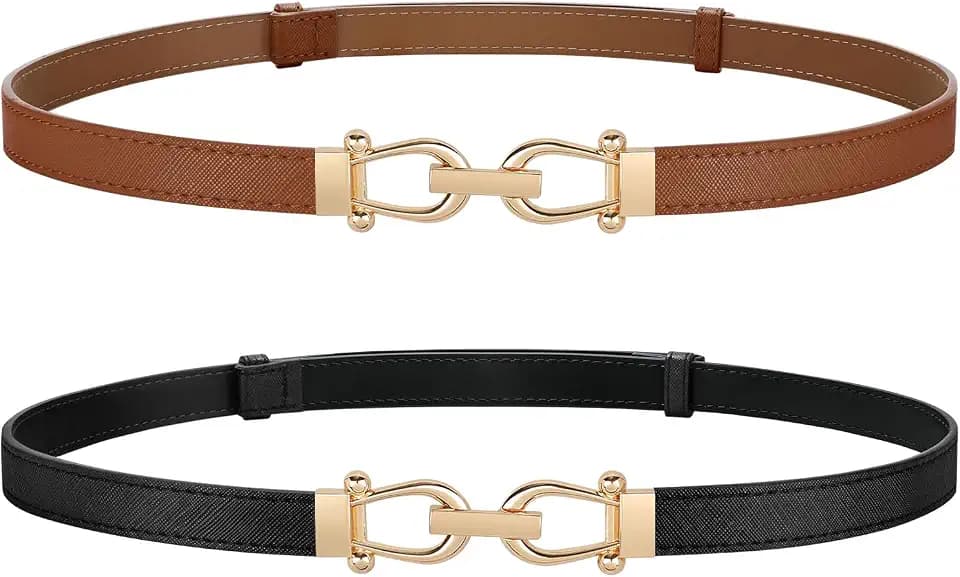 JASGOOD 2 Pack Thin Belts for Women Fashion Skinny Leather Waist Belts for Jeans Pants Dresses with Gold Buckle