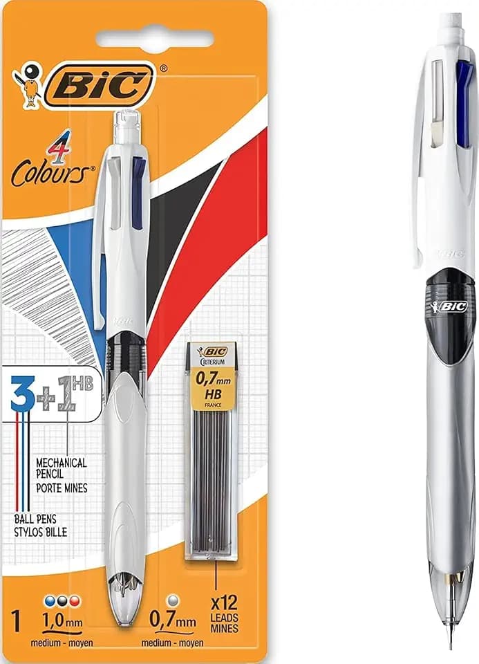 BIC 4 Farben Kugelschreiber Set 4 Colours 3+1HB, mit Bleistift, 1er Pack, inkl. 12 Bleistiftminen, Ideal für das Büro, das Home Office oder die Schule