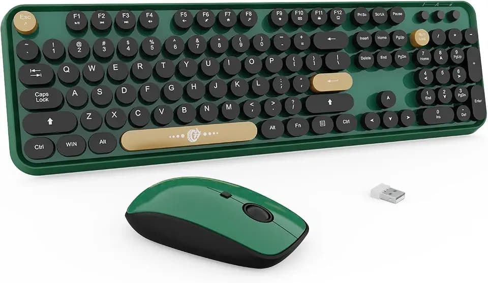 Green Wireless Keyboard and Mouse Combo,Full Size Colorful Retro Round Keys