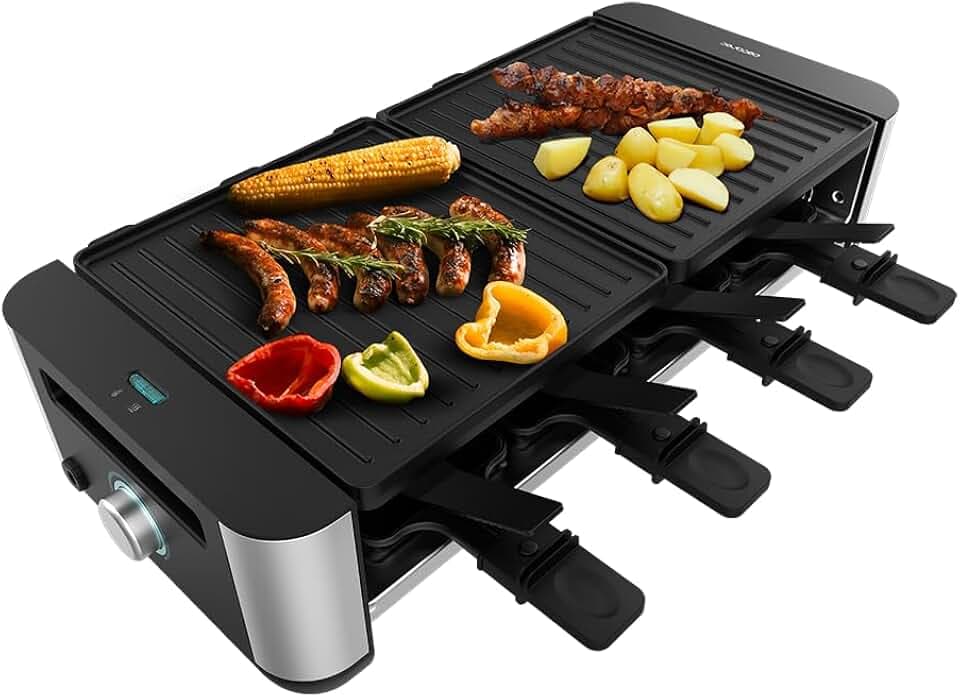 Cecotec Raclette Cheese&Grill 16000 Inox Black, 8 Personen, 1400 W Grill, 40 x 22 cm, einstellbares Thermostat, Antihaft-Grillplatte, inklusive 8 Pfannen und 8 Spatel.