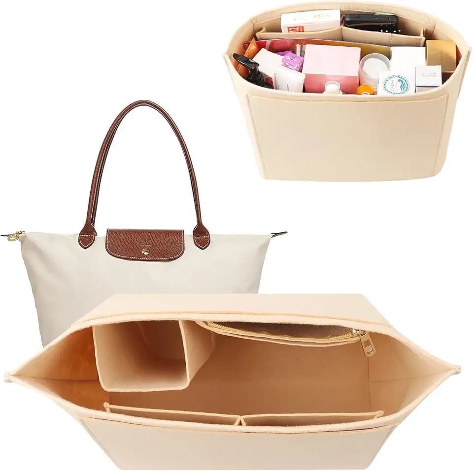 Generisch Organizer für Longchamp Tasche Damen, für Longchamp Organizer L, Großes Taschenorganizer, Multi-Pocket Felt Handtaschen OrganizerEinsatz, Filz Tasche mit Fächern Innentasche(Beige)
