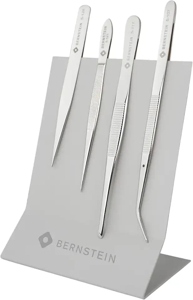 BERNSTEIN Universal Pinzetten Satz 4-teilig + Werkzeughalter | Elektronikreparatur, Medizin, Schmuckherstellung, Kosmetik, Handwerk, Basteln