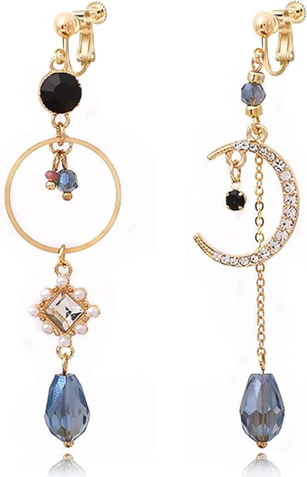 REELMAR Clip on Earrings for Women Dangle Asymmetrical Sun and Moon Earrings Gold-Plated Long Boho Earrings Dangling Chain Drops Bohemian Statement Earrings Jewelry
