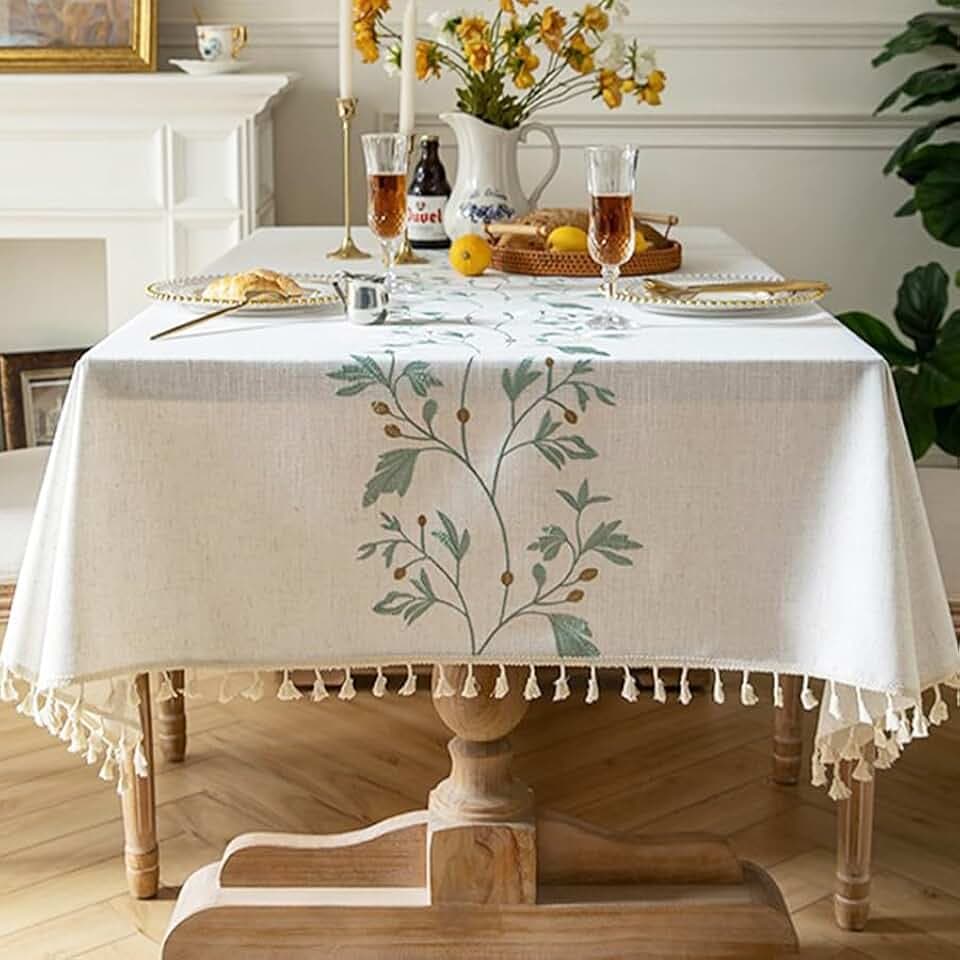 Pahajim Tischdecke Rechteckig Baumwolle Leinen Tischtuch Abwaschbar Wasserdicht Quasten Design für Küche, Esszimmer, Outdoor, Garten Tischdekorationen(Beige,140x300cm)