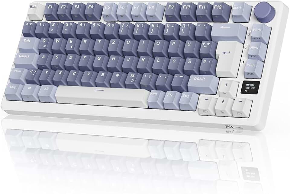 RK ROYAL KLUDGE M75 Gaming Tastatur kabellos 75% TKL Mechanische Tastatur RGB 2,4 GHz Wireless/Bluetooth/USB-C QWERTZ mit OLED-Smart-Display und Knopf Hot Swappable Roter Schalter, Lavendelviolett