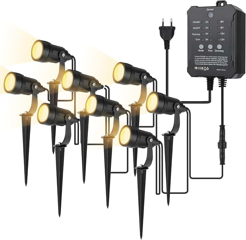 COOLWEST LED Gartenbeleuchtung mit Strom, 20M/8er Set Strahler mit Lichtsensor Warmweiß 3000K, Gartenstrahler Led Wasserdicht Außen IP65, 36V Gartenspots für Draußen, Terrasse, Einfahrt, Dimmbar