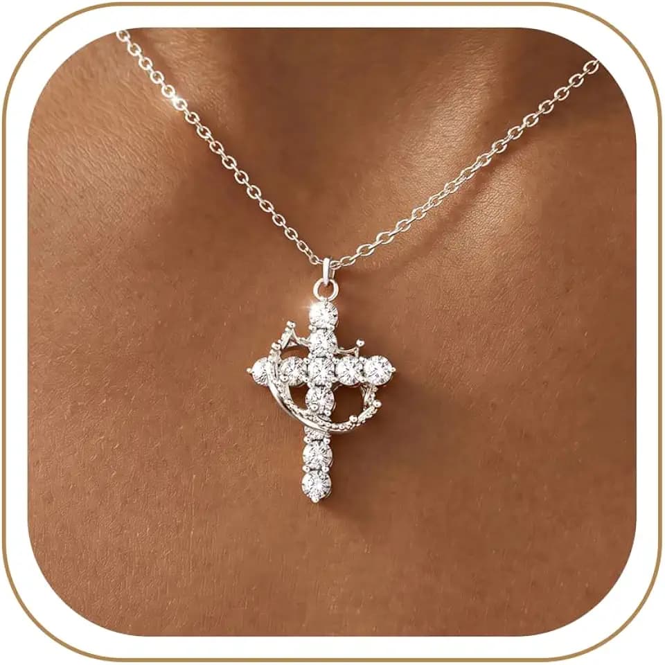 Crown Cross Necklace for Women, Sterling Silver Plated Created Diamond Jesus Cross Pendant Necklace, Dainty Faith Baptism Christian Confirmation Catholic Religious Gifts, Trendy Jewelry Accessories for Women Her Wife