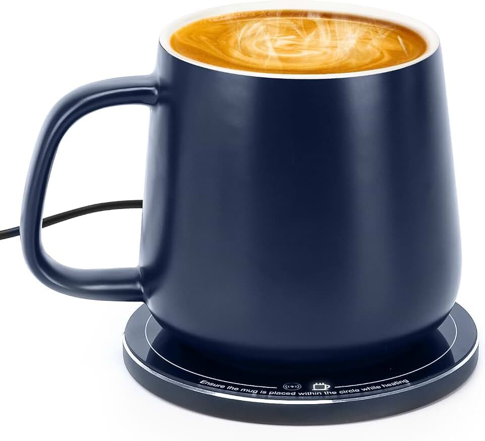APEKX Kaffeetasse mit Auto EIN/Aus, Intelligente Temperaturkontrolle 45°C, Becherwärmer & Kabelloses Ladegerät, Home Office, Inkl. Becher, Blau