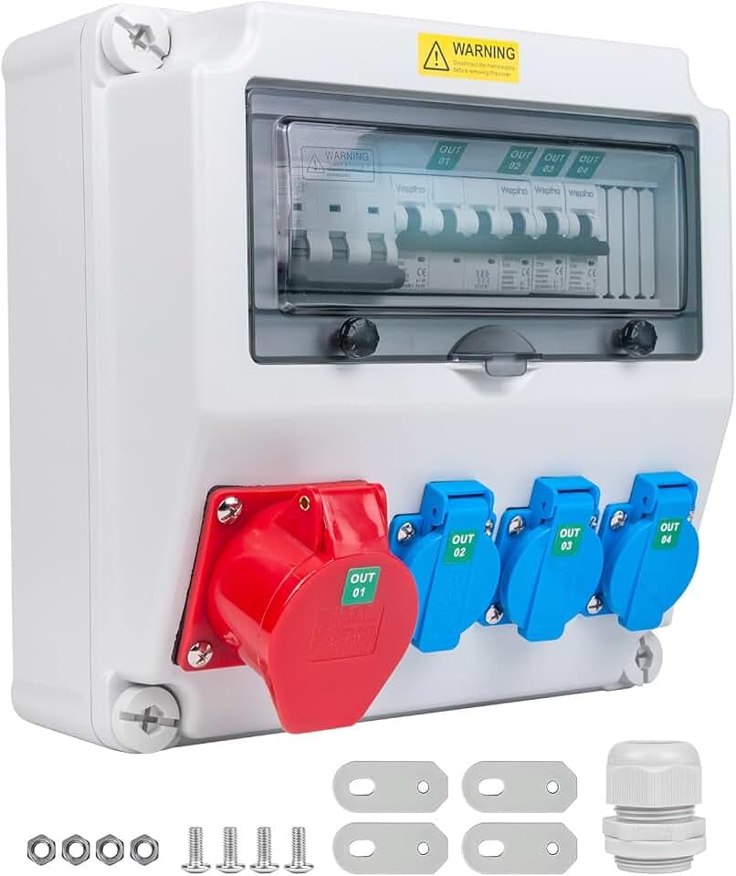 Baustromverteiler mit Fi Schalter Typ A, 40A 30mA RCBO Wandverteiler mit CEE Steckdose 16A Aufputz, Stromverteiler Wasserdicht für Verteilerkasten (3×16A 1P LS+1×16A 3P LS+1×30mA RCBO)