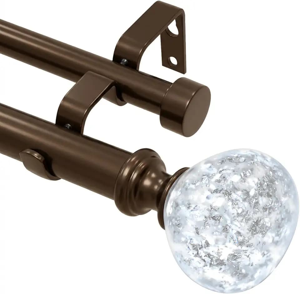 Brown Double Curtain Rod 28-48 Inch Heavy Duty Foil Resin Finial