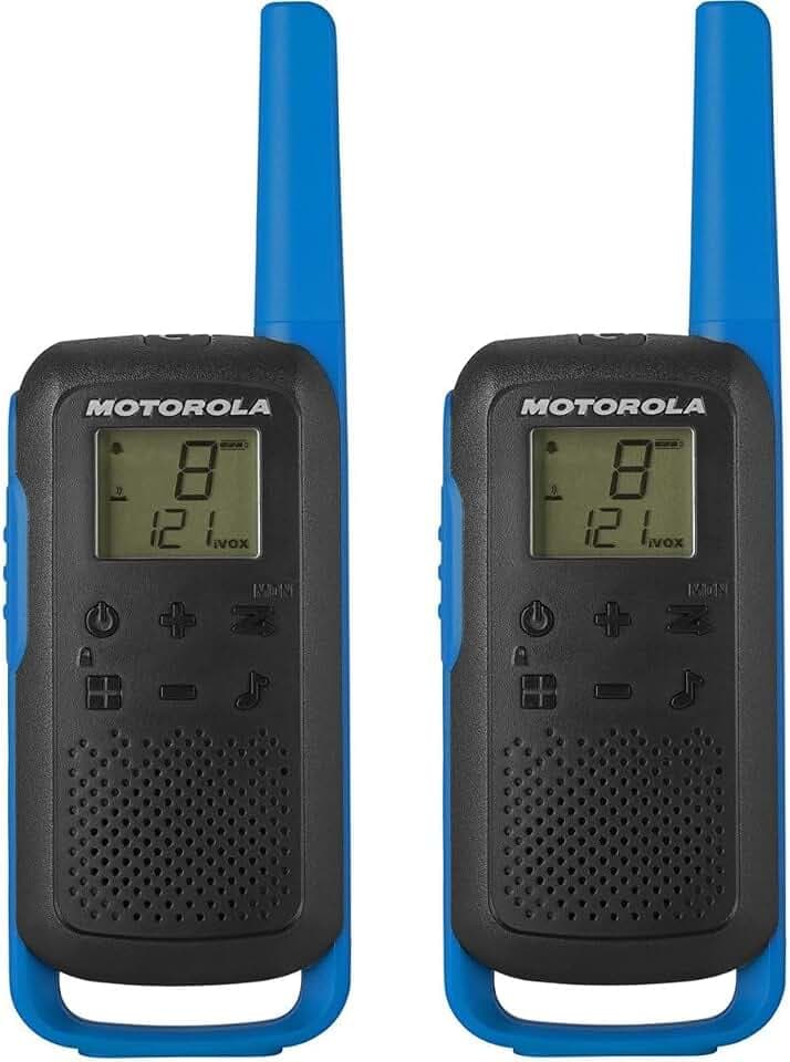 Motorola Solutions - T62 PMR Blau, Walkie Talkie Talkabout, PMR446 CB-Funkgerät, 16 Kanäle und 121 Codes, 8 km Reichweite, Blau, lizenzfrei, LCD-Display, USB Laden