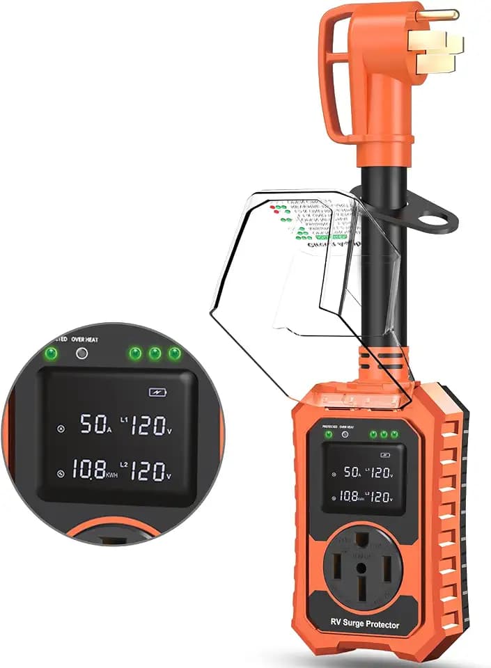 RV Surge Protector 50 Amp Waterproof- Smart 50Amp Power Protectors with Real-Time KWH, Voltage, and Current Monitor Screen, LED Display Circuit Analyzer for Camper Travel Trailer (Orange, 50 Amp)