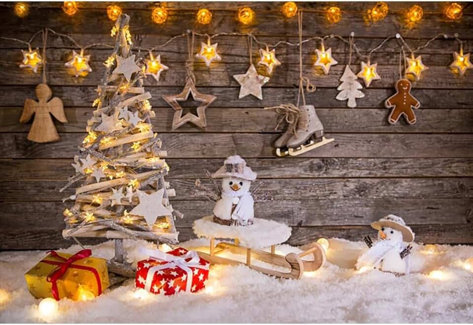 YongFoto 3x2m Foto Hintergrund Weihnachtsbaum Geschenke Sleigh Schneemann glänzende Lichter Wood Plank Schwerer Schnee Weihnachten Fotografie Hintergrund Photo Party Kinder Hochzeit Fotostudio