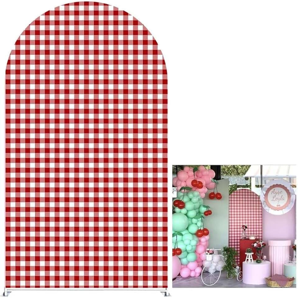 Red and White Plaid Backdrop Arched Fabric Cover Cherry Theme Stretchy Arch Stand Cover for Birthday Baby Shower Party Decoration Supplies(Only Cover)