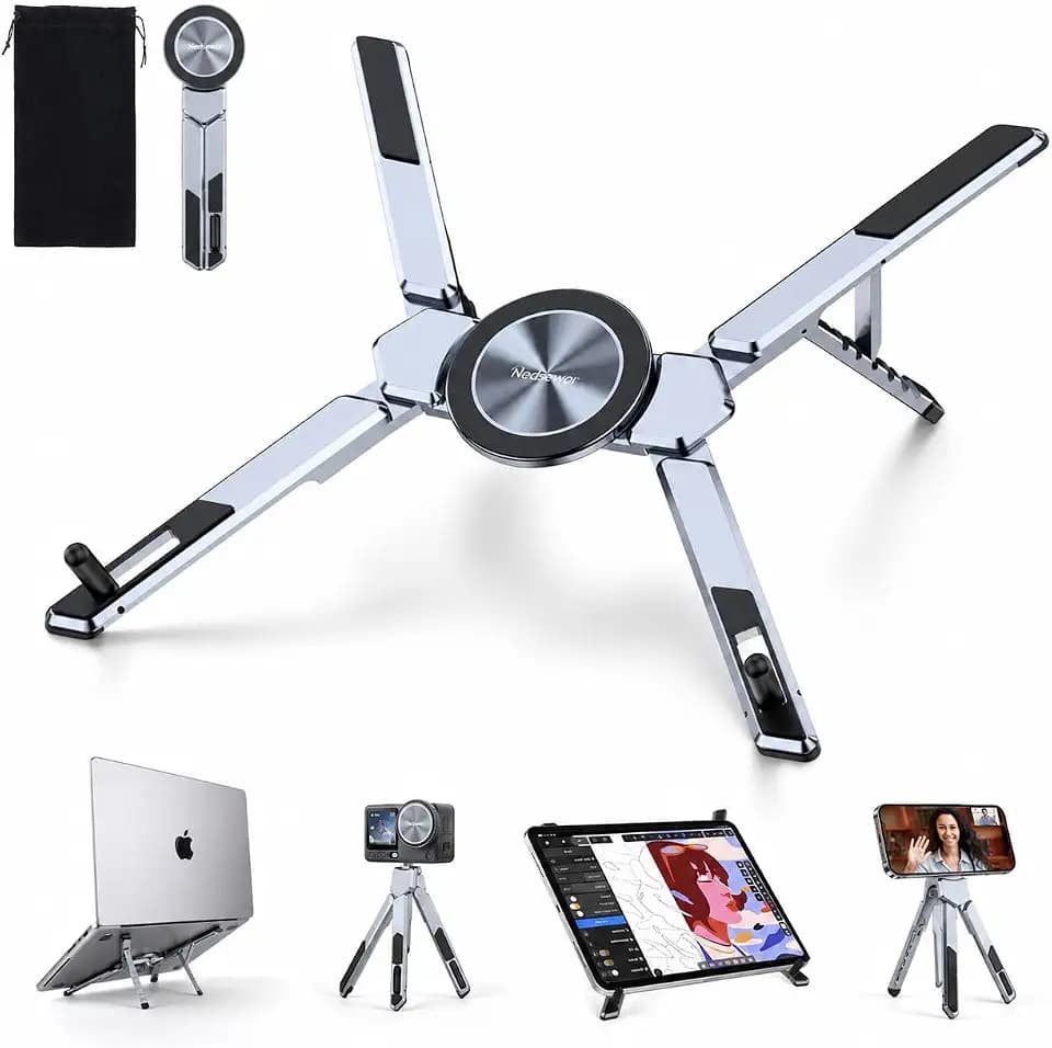 4-in-1 Adjustable Laptop Stand for desk with Magnetic Phone Holder & Camera Tripod, Foldable Aluminum Stand for Laptop, Tablet, Camera, Portable Ergonomic Desk Setup for Travel & Remote Work(Gun Gray)
