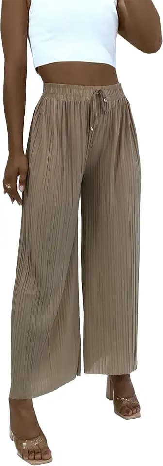 Damen-Palazzo-Hose, plissiert, weites Bein, elegant, lässig, Schwarz, Khaki, Mokka, Weinblau, Rosa, Senf, Marineblau, Grau, Nude, Größe S - XL