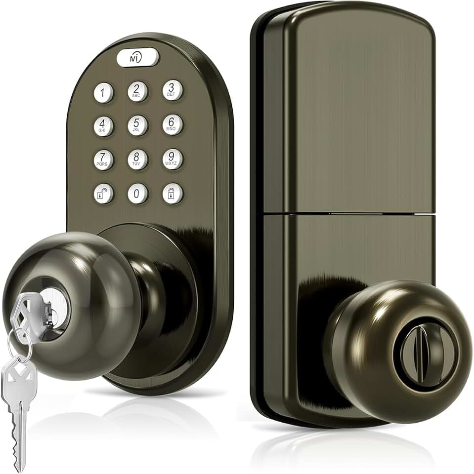 MiLocks Keypad Door Knob, Keyless Entry 15 User Codes, Antique Brass