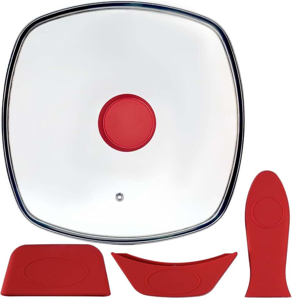 Quadratischer Glasdeckel für Grillpfannen mit Dampfauslassloch – passend für Lodge Gusseisen-Bratpfannen 26,67 cm – quadratischer Deckel aus gehärtetem Glas – nicht universell – mit Silikonhaltern