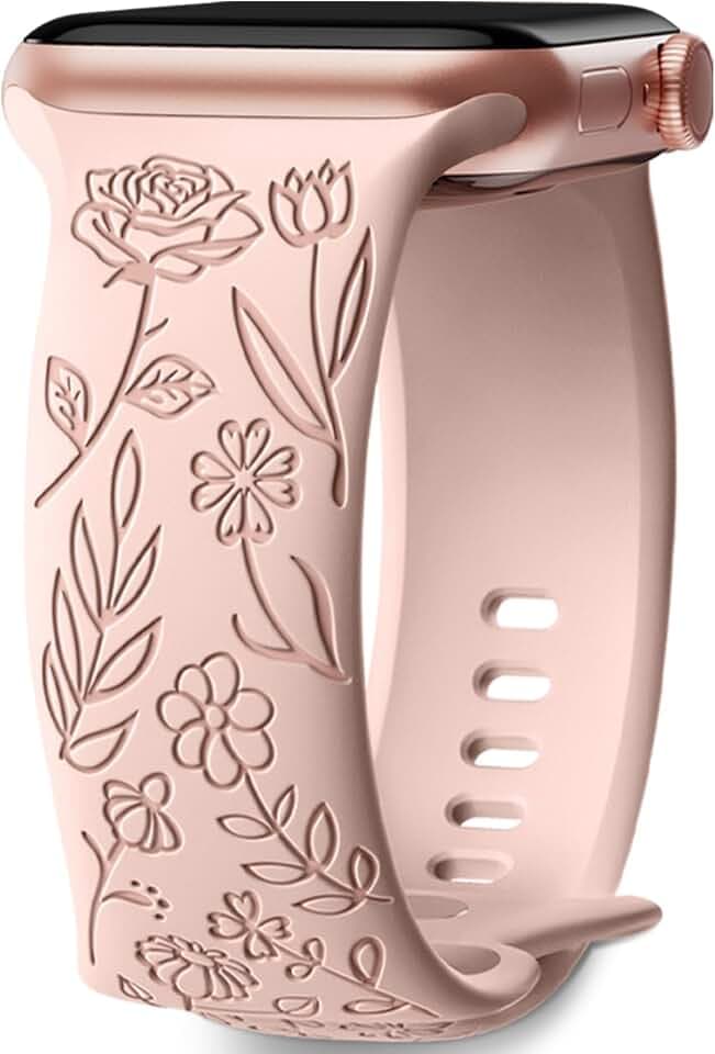 Mastten Rosenblumengravur Armband Kompatibel mit Apple Watch Armband 44mm 45mm 46mm 49mm 42mm, Weiches Silikon Rosen Blumenmuster Band für iWatch SE Series 11 10 9 8 7 6 5 4 3 2 1 Ultra, Rosa
