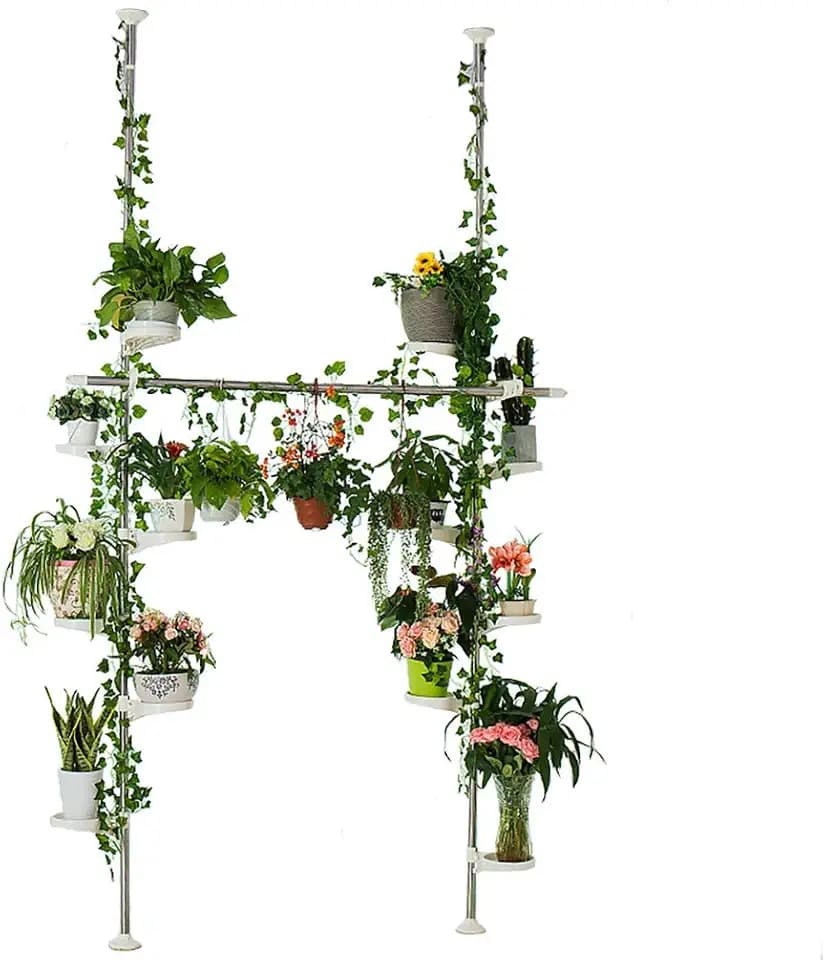BAOYOUNI Teleskop Blumenregal Innen Doppelpol Pflanzenregal aus Metall Pflanztreppe Blumentreppe Regal Höhenverstellbare mit 12 Abstellflächen 2 Aufhängehaken und 1 Teleskopstange, Elfenbein