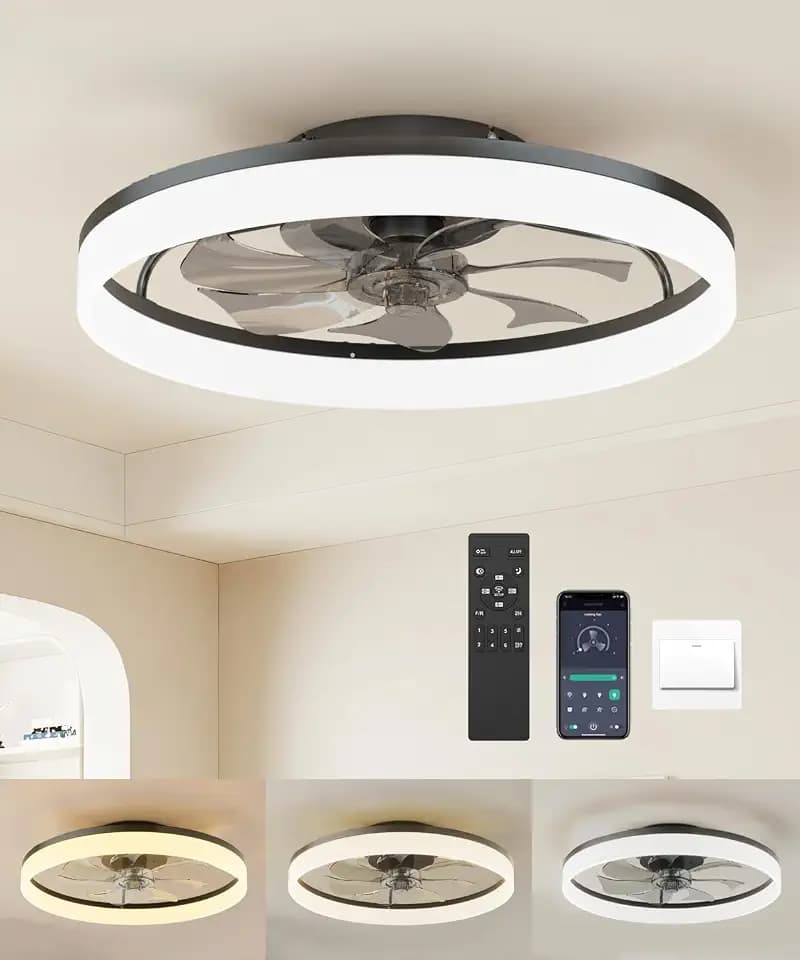 20 Inch Ceiling Fan with Lights, Modern Low Profile Ceiling Fan