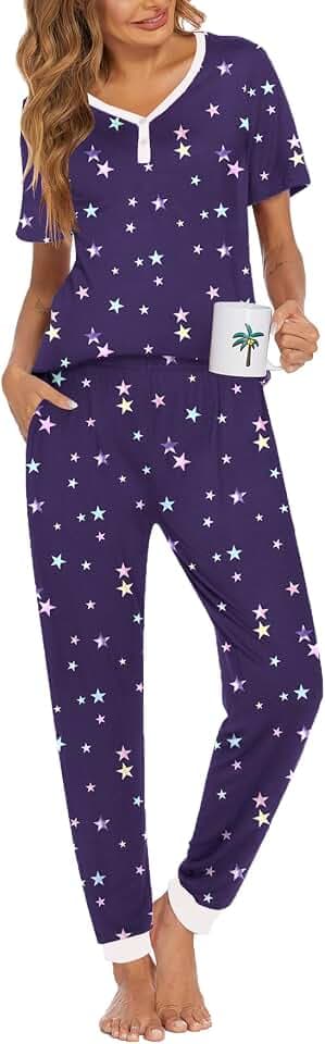 Ekouaer Pajamas for Women Set 2 Piece Short Sleeve Fall Pjs with Pockets