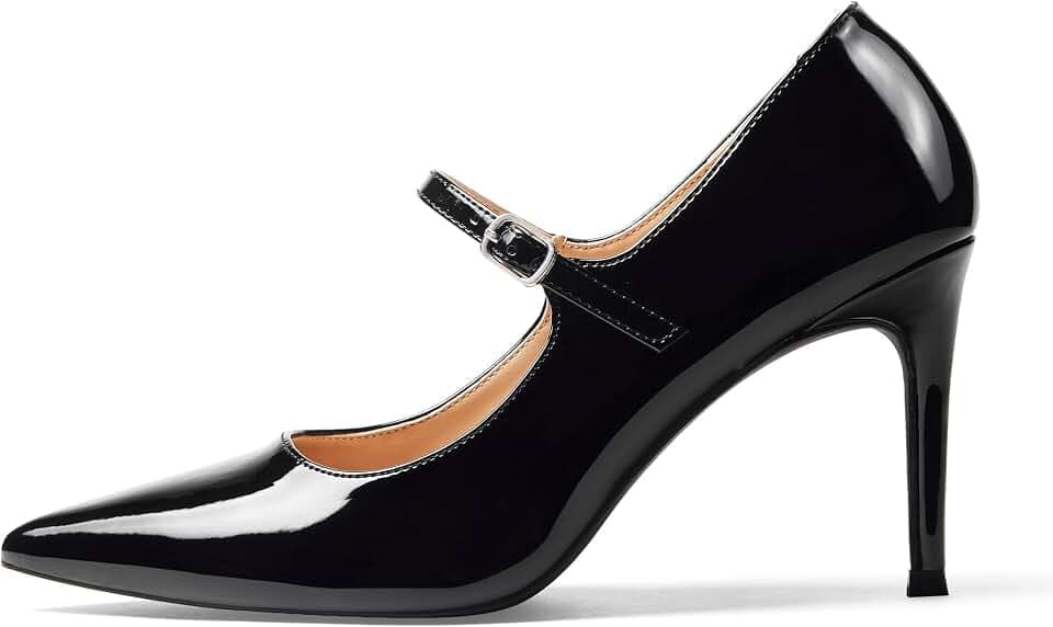 GENSHUO Women Mary Jane Pumps High Heels Pointed Closed Toe Stiletto with Strap Comfortable Vintage 3.2 Inch Office Wedding Dance Party Dress Shoes
