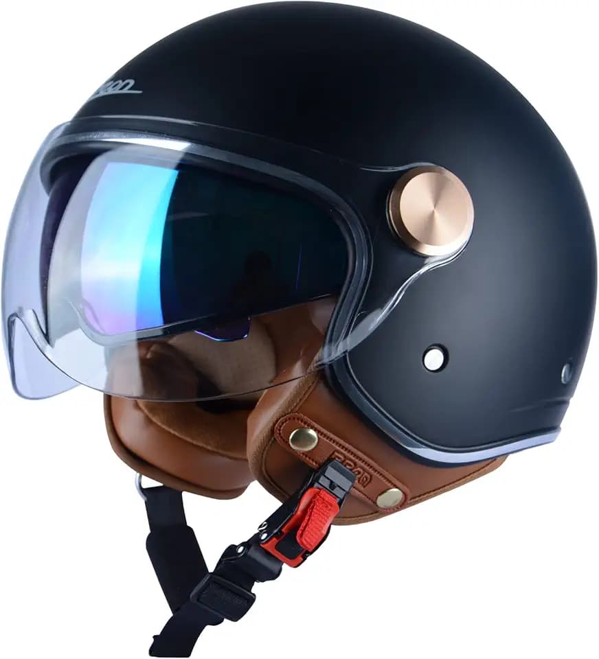 BEON Half 3/4 Face Motorcycle Helmet, DOT Approved, Retro Vintage Style, Dual Visors Men’s and Women’s Motorbike Casco for Moped Cruiser Bobber and Chopper