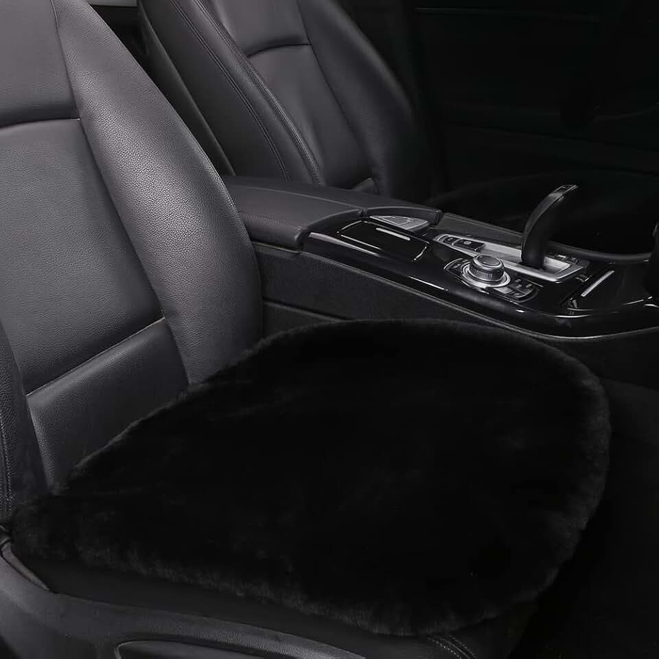 LLB Genuine Sheepskin Car Seat Cushion Seat Covers for Cars Trucks SUV Comfort Seat Protector Pad for Car Driver Seat Car Accessories for Women Office Chair Car Decor (Black Front Seat Cushion-1 Pc)