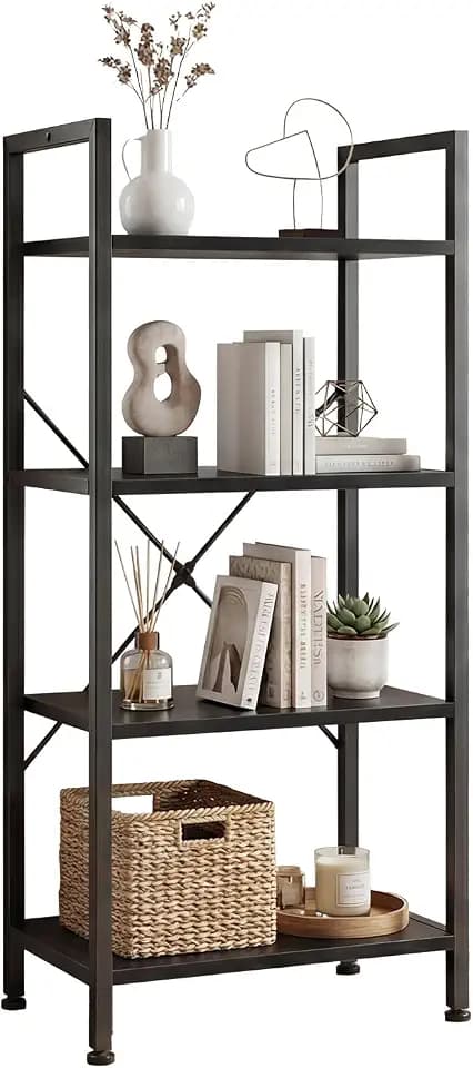 DUMOS 4 Tiers Open Bookshelf, Classic Freestanding Tall Display Shelf, Multifunctional Storage Organizer Rack for Living Room Home Office, Sturdy Bookcase for Books/Movies, Black
