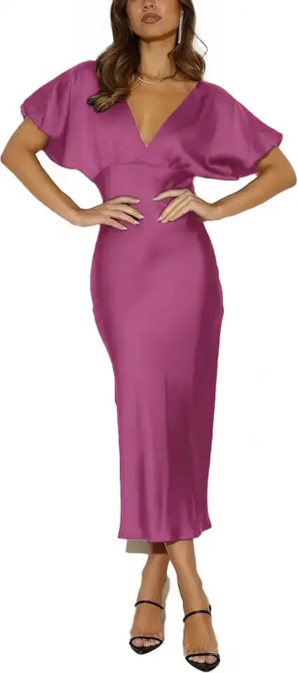 Summer Satin V Neck Puffy Sleeves Midi Dresses for Women Wedding Guest
