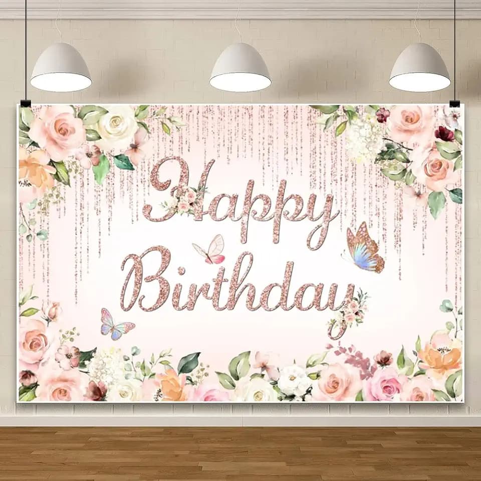 10x8ft Pink Floral Birthday Backdrop for Girls Princess