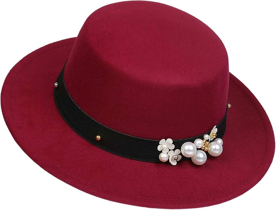 Classic Vintage Wool Wide Brim Flat Top Pork Pie Boater Hat, Adjustable Pearl Band Fedora Church Derby Felt Cap for Wedding Party Talent Show