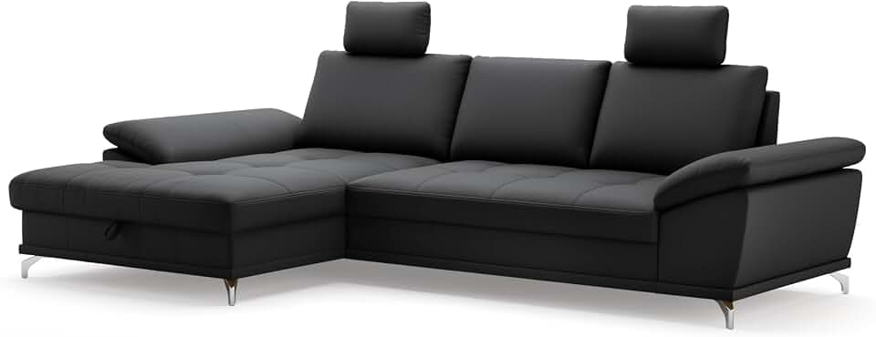 Cavadore Eckcouch Castiel mit Federkern / Ecksofa mit großem Longchair, Sitztiefenverstellung, Kopfstützen und mattschwarzen Metallfüßen / 301 x 89-114 x 176 / Echtleder, Schwarz
