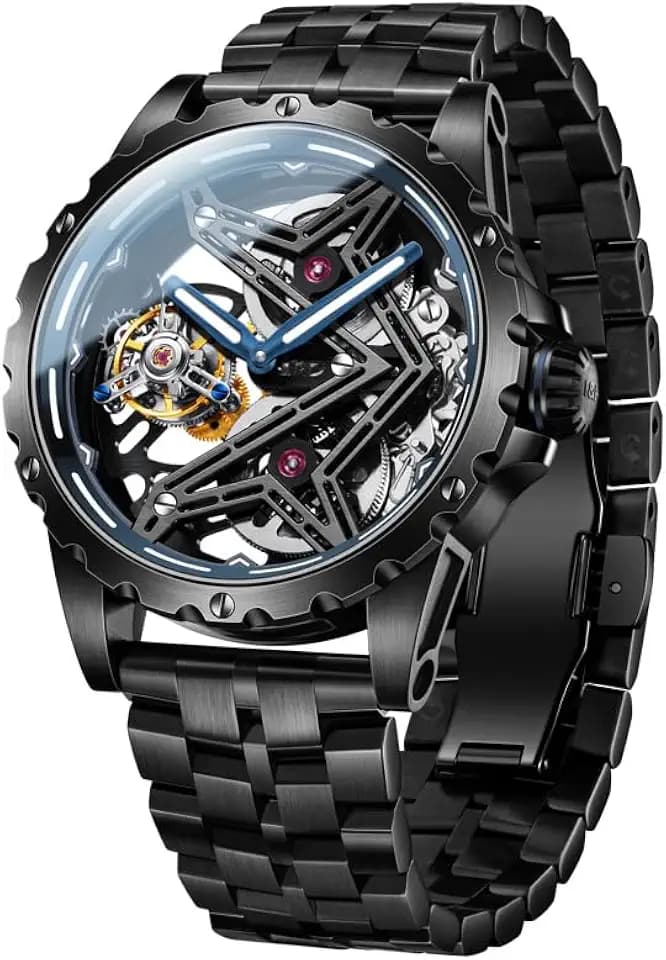 OLEVS Watch for Men Waterproof LuminousTourbillon Mechanical Steel Blue，Sapphire Crystal Skeleton Dial Elegant Dignified Design High End Collectibles