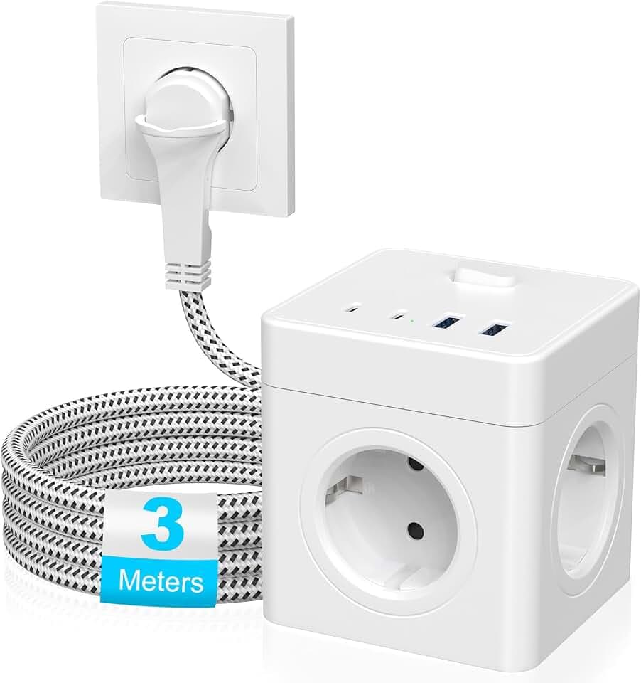 Steckdosenwürfel 4-Fach mit USB, Schalter, Flachstecker, 3m Weiß
