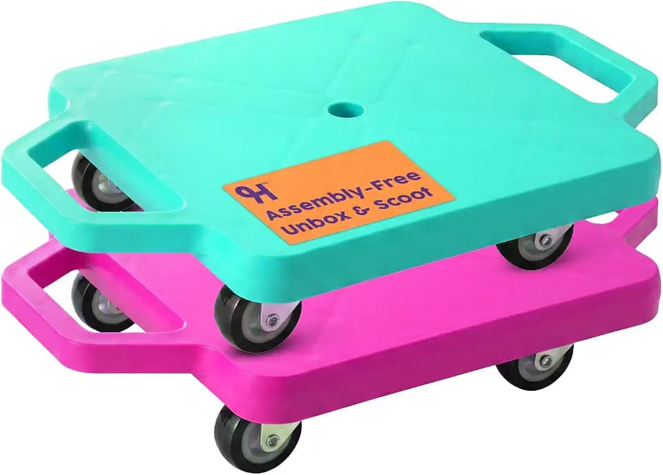 Hurtle Scooter Boards for Kids with Safety Handles, 2-Pack Heavy Duty Gym Floor Scooters with 360° Wheels for PE, Indoor Active & Sensory Play, Support 200 lbs, Includes Cones & Tow Strap