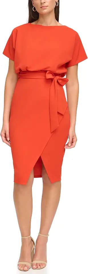 Kensie Womens Short Sleeve Tie Waist Midi Dress