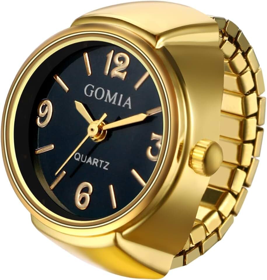 JewelryWe Unisex Finger Ring Watch: Retro Gold Stretchy Elastic Band Men Ladies Round Black Dial Quartz Analogue Lightweight Novelty Watches for Daily Office for Father's Day