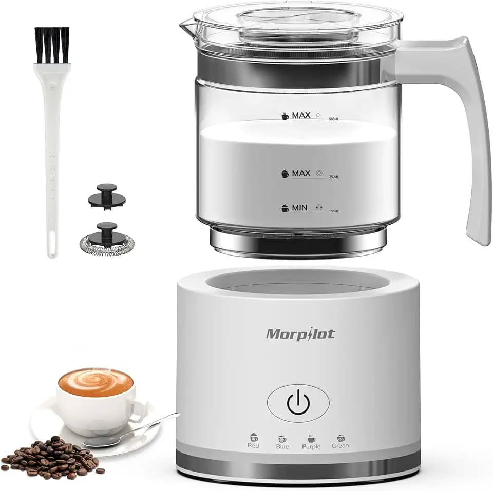 Morpilot Milchaufschäumer Elektrisch, 4 in 1 Milchschäumer für Heißer und Kalter, 600W 500ml, Spülmaschinenfest Aufschäumer, Latte-Design, Visuelles Glas, Weiß