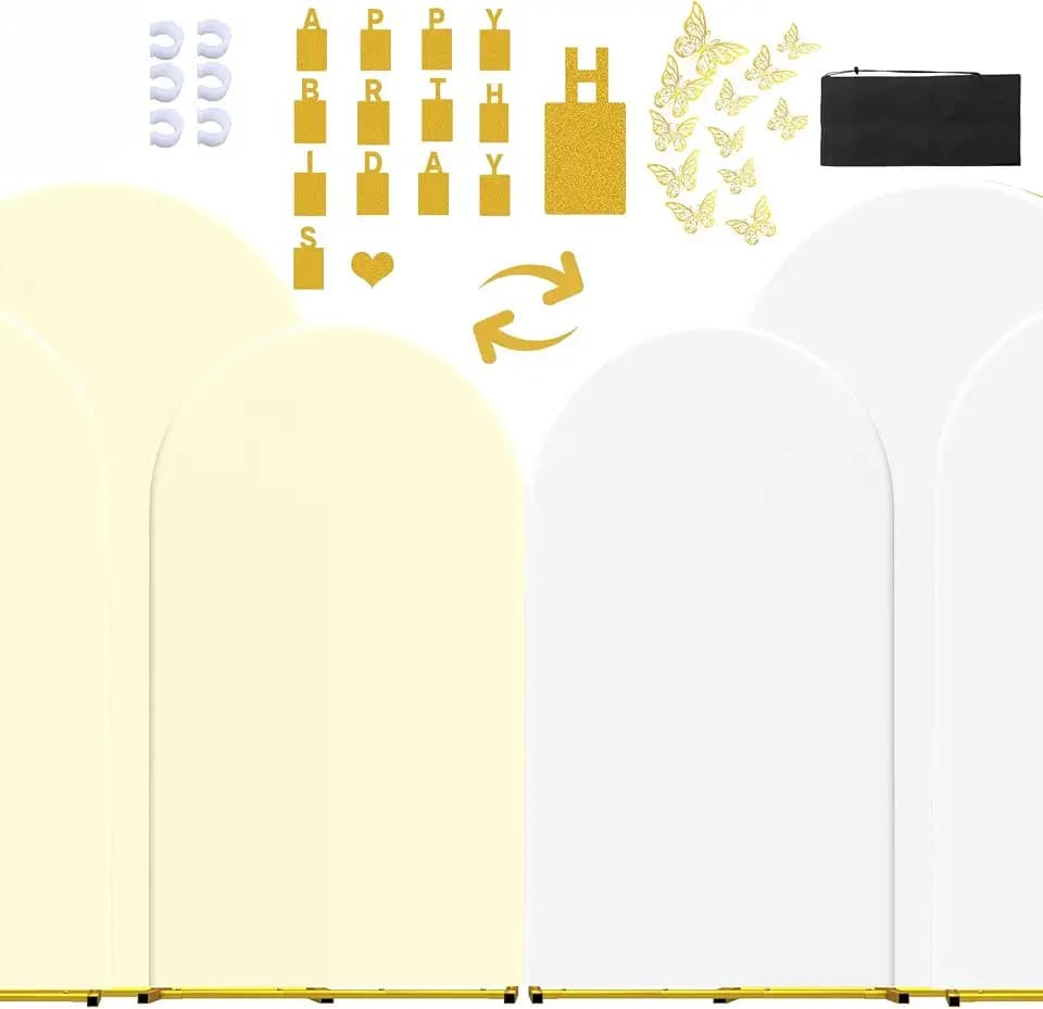 Wedding Arch Covers Stretchy Backdrop(6ft/6.6/7.2ft) Set of 3 Double Color Spandex Fitted Arch Covers Round Top Chiara Arch Backdrop Stands Cover for Birthday Party & Banquet Showers(White+Ivory)