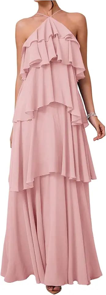 SOLY HUX Women's Wedding Guest Dress Sundresses Ruffle Layered Halter Backless Flowy Formal Maxi Dresses Plain Pink Medium