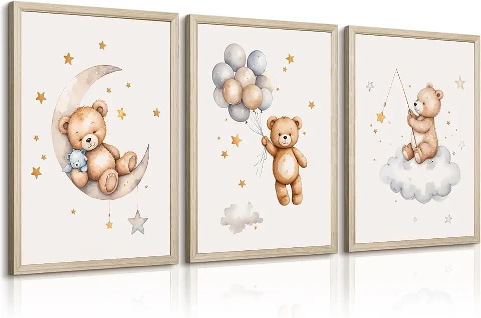 Baccone Teddy Bear Nursery Wall Art Decor Baby Boy Girl Room Poster Vintage Nursery Canvas Wall Decor Toddler Kids Room Pictures Cute Bear Neutral Artwork for Bedroom Playroom 12x16 Framed Set of 3