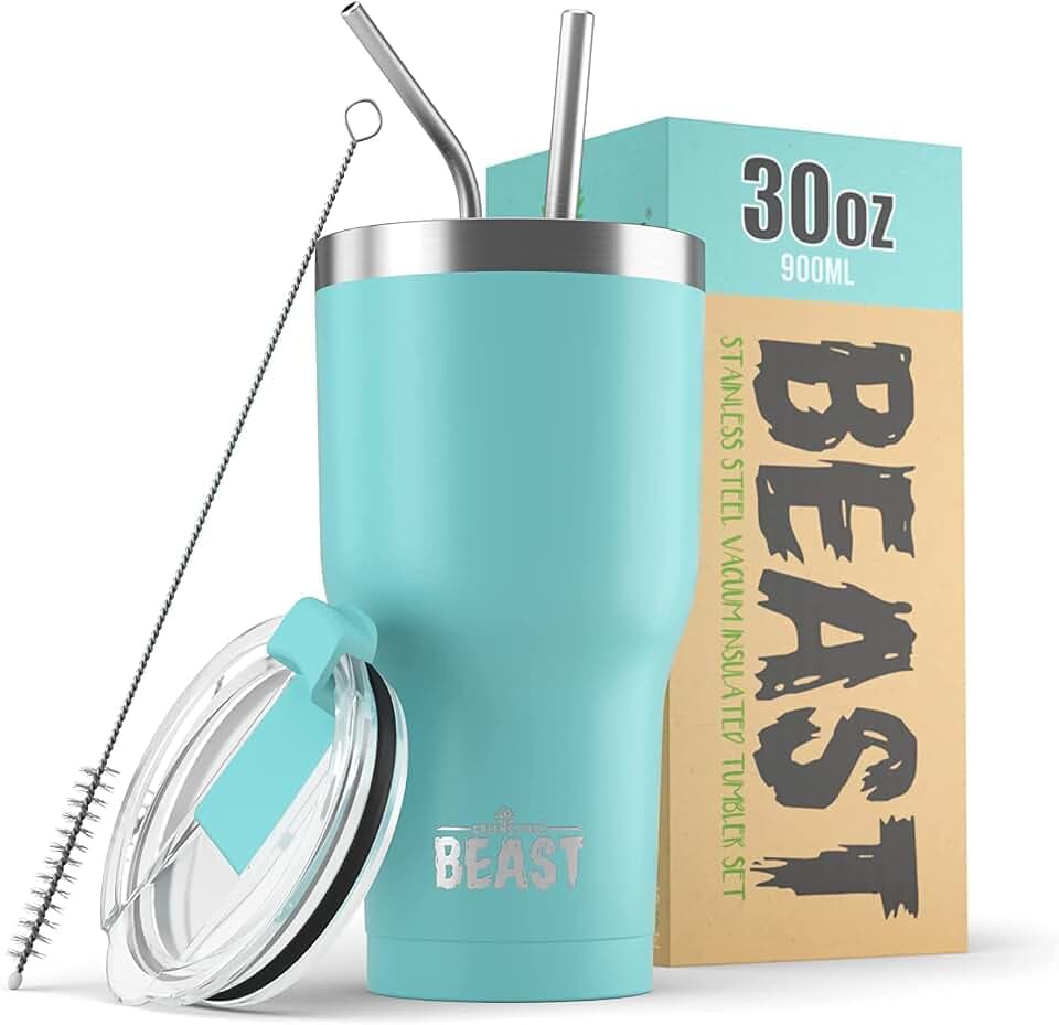 Greens Steel Beast Tumbler – 900 ml (30 oz), Aquamarinblau | Wiederverwendbarer Edelstahl, vakuumisolierter Becher | mit 2 Strohhalmen & Reinigungsbürste | Doppelwandiger Reise-Thermobecher