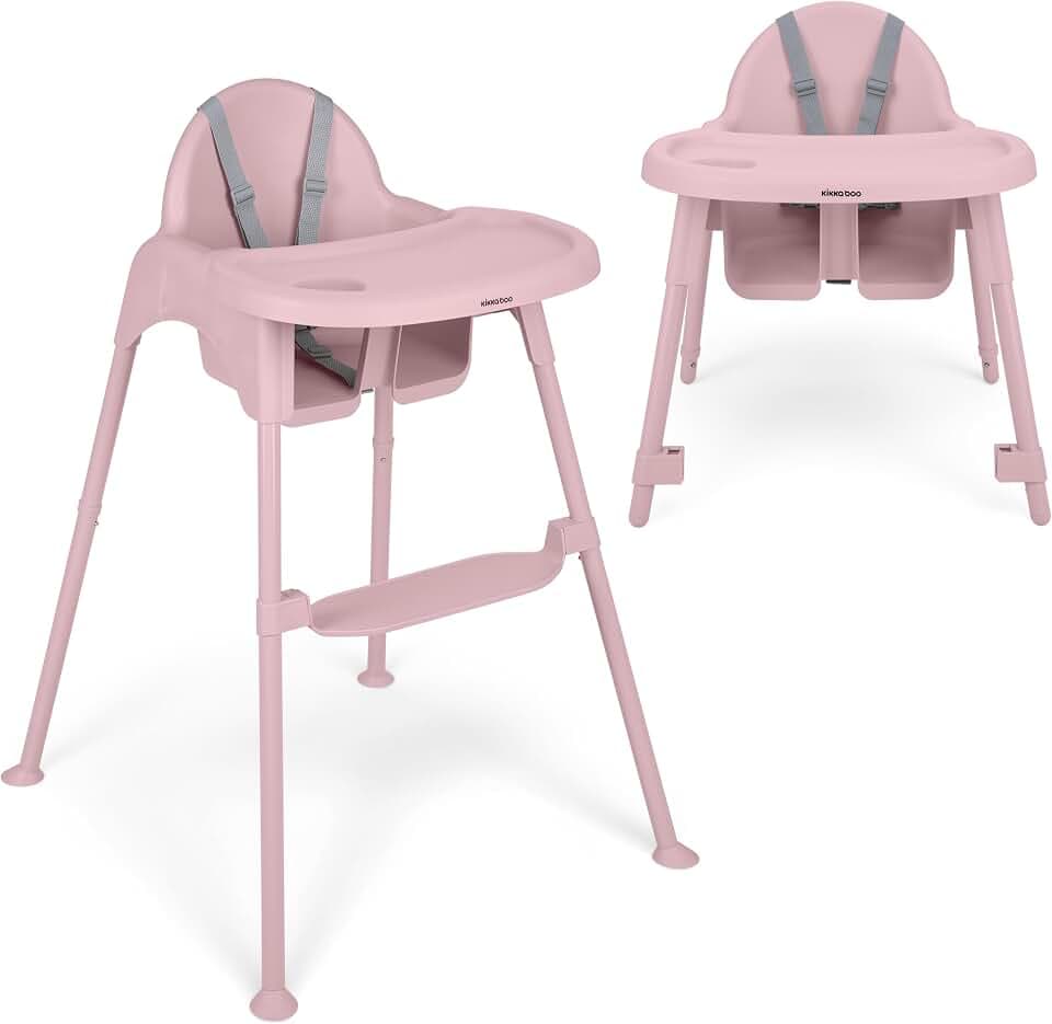 KikkaBoo 2in1 Baby Hochstuhl OATY, Umwandelbarer Fütterstuhl für Kinder bis 15 kg, Verstellbares Doppeltablett mit Becherhalter, 5-Punkt-Gurt, Verstellbare Fußstütze, Rutschfeste Beine, Rosa