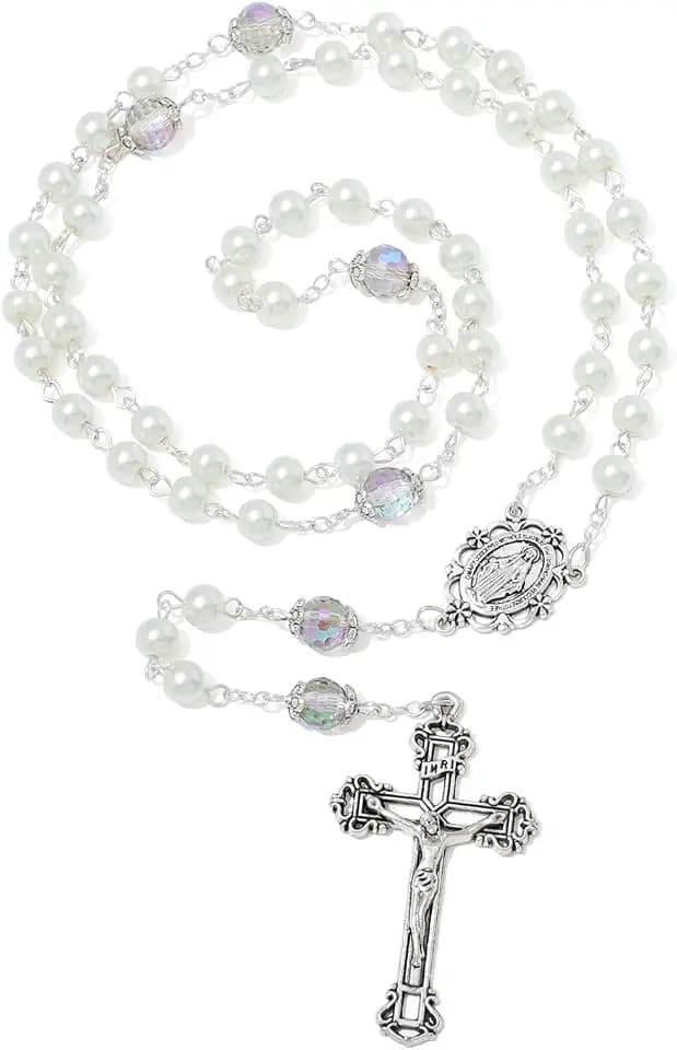 KOMI 6 MM Pearl Rosary Beads With Crucifix, Catholic Necklace for Women With Velvet Bag or Rosary Box