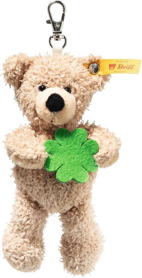 Steiff Anhänger Teddybär Fynn 12cm beige Good Luck, Glücksbringer, kuscheliger Teddy aus Plüsch, vierblättriges Kleeblatt aus Filz, ideale Geschenkidee, waschmaschinenfest