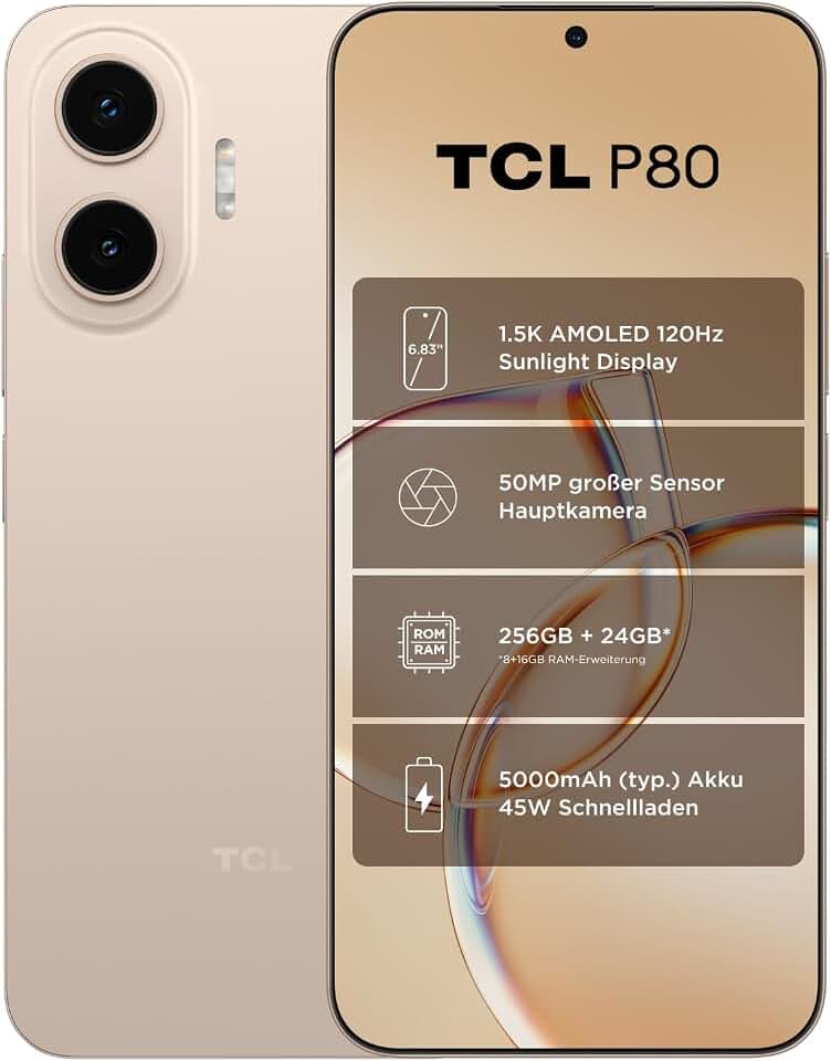 TCL P80 5G Smartphone Schlankes Design 6,83'' 1.5K AMOLED 50MP OIS 256GB Gold Schlankes Design, 50MP OIS-Kamera, 1.5K AMOLED-Display,24GB erweiterter RAM, 5000mAh Akku (typ.), 45W Laden, Google Gemini
