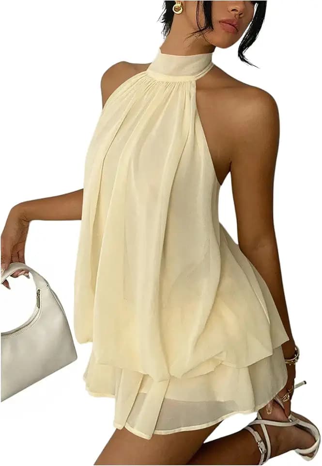 Verdusa Women's Chiffon Halter Drop Waist Flowy Wedding Guest Mini Dresses