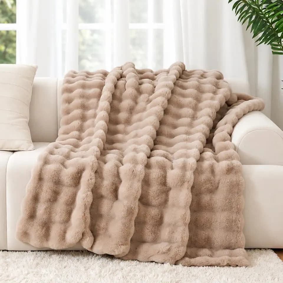 The Malibu Blanket - LuxeComfort Faux Fur Bubble Blanket 60"x70" Beachstone - Luxuriously Soft, Elegant, Reversible Design, Home Décor, Picnics, and Travel (Beachstone, Oversized Throw 60x70)